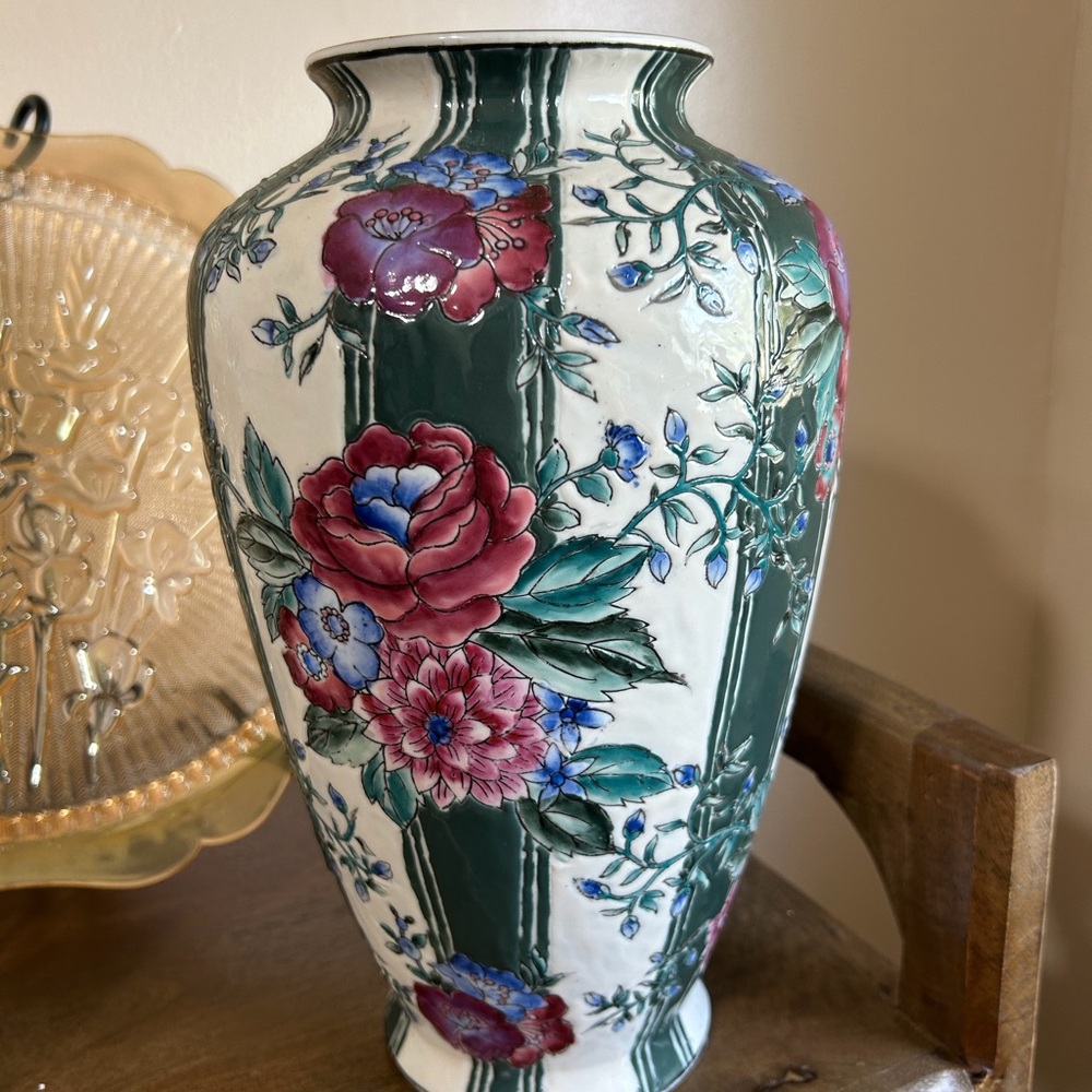 Decorative Floral Ceramic Vase in Green and Cream